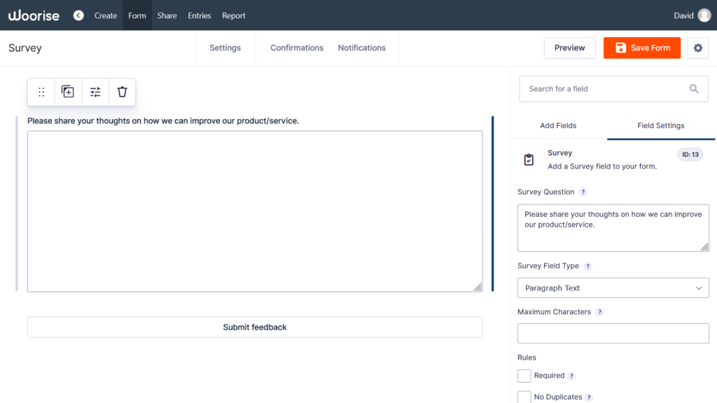 paragraph text survey field