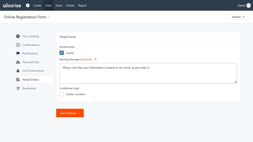 partial entries form settings