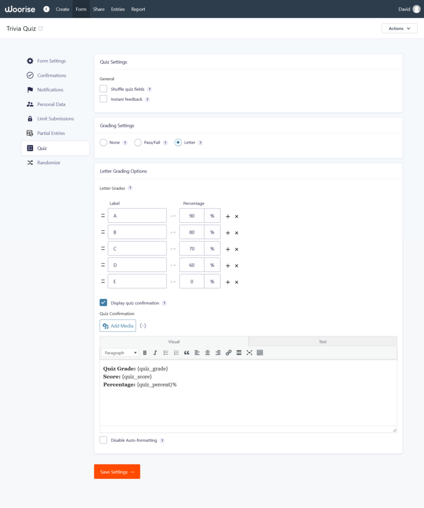 quiz letter grading settings