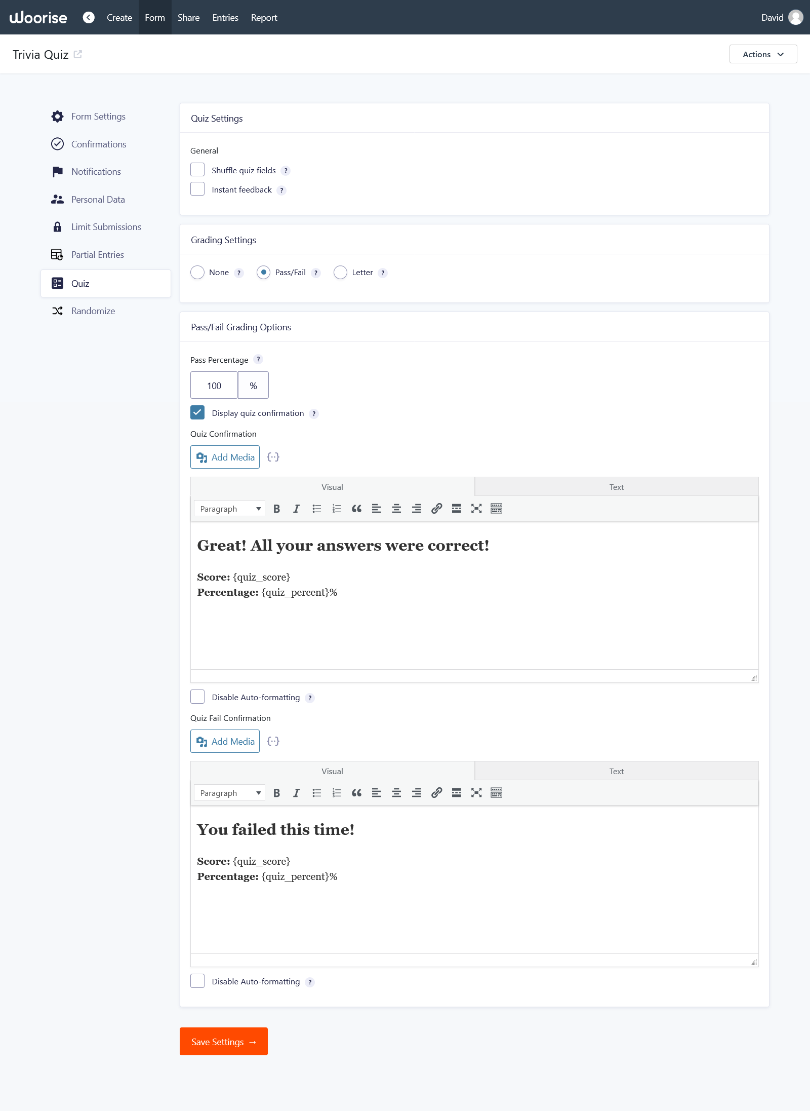 quiz pass fail grading settings