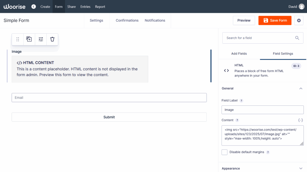 HTML field with image