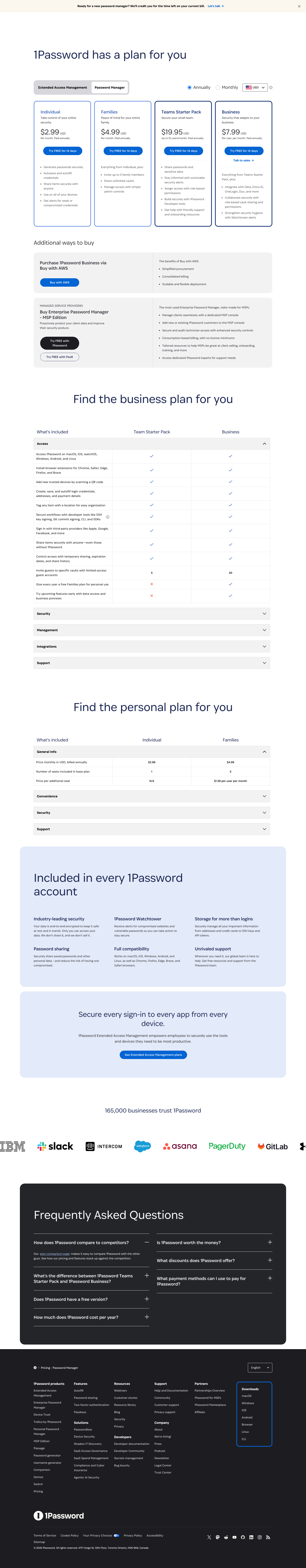 1Password Pricing Landing Page Example