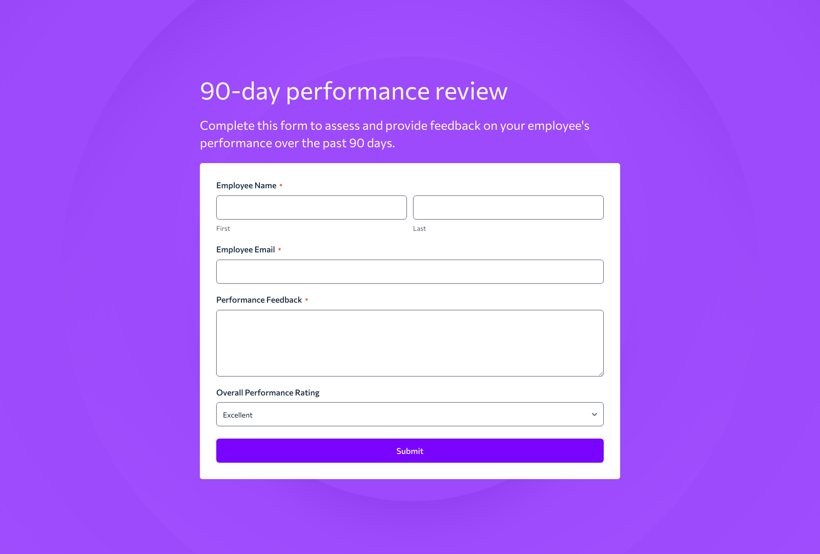90-Day Evaluation Form Template with fields for employee feedback and performance tracking.