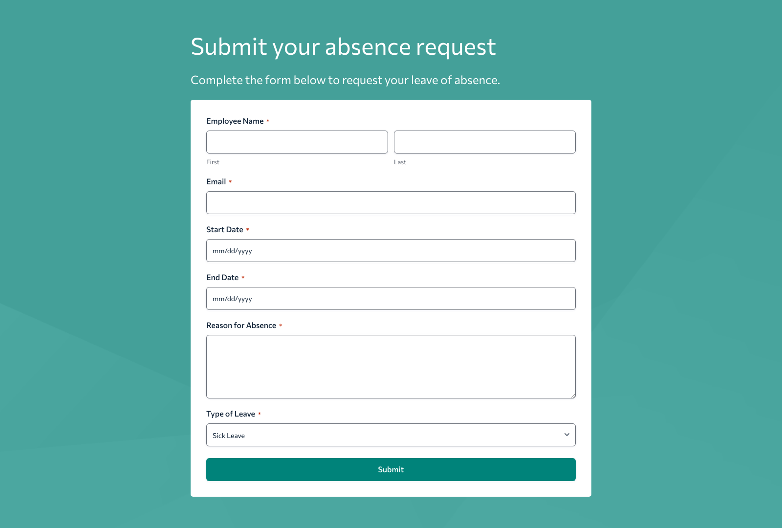 Absence Request Form Template screenshot showing fields for employee details and leave dates, with submit button.