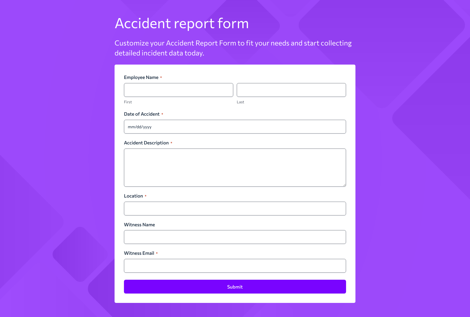Accident Report Form Template with customizable fields and buttons for detailed data input.