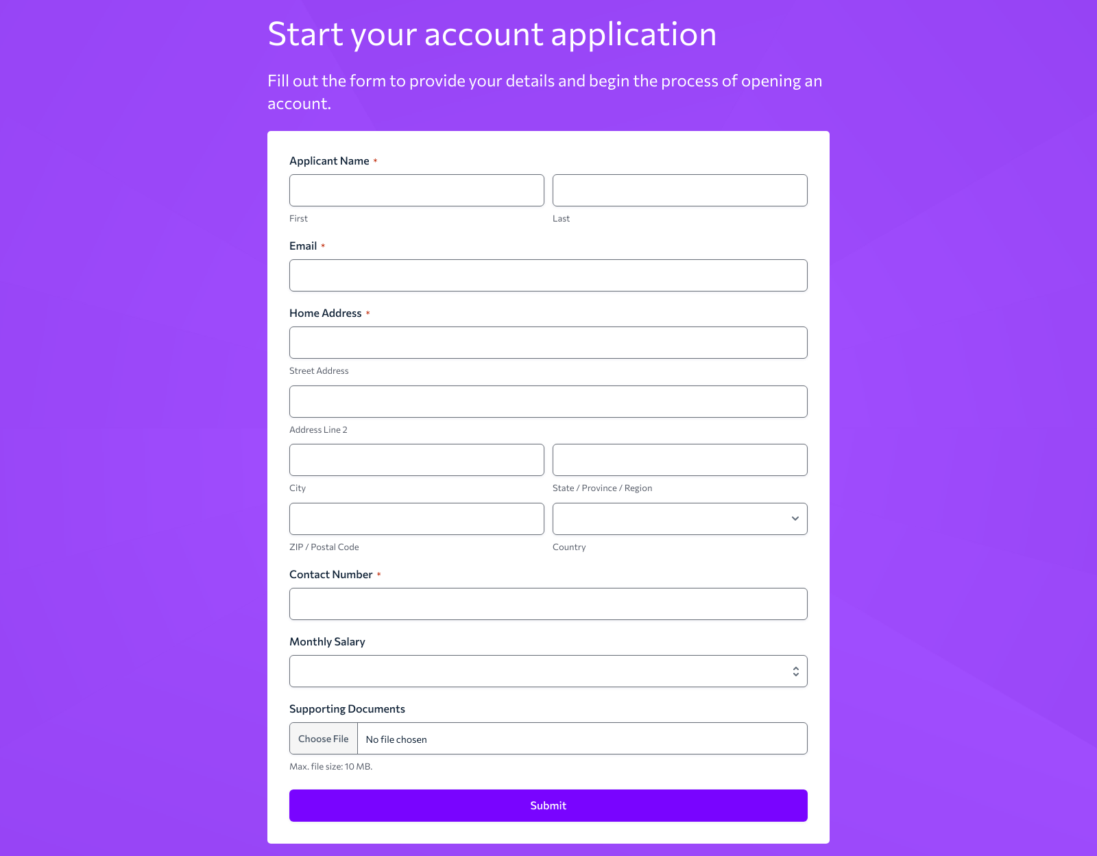Account Opening Form Template with fields for personal information, contact details, and submit button.
