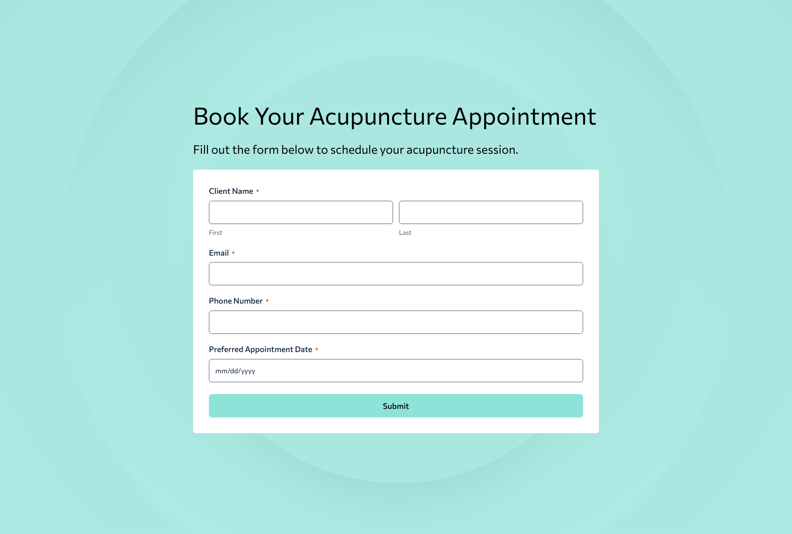 Screenshot of Acupuncture Booking Form Template with fields for name, date, time, and submit button.