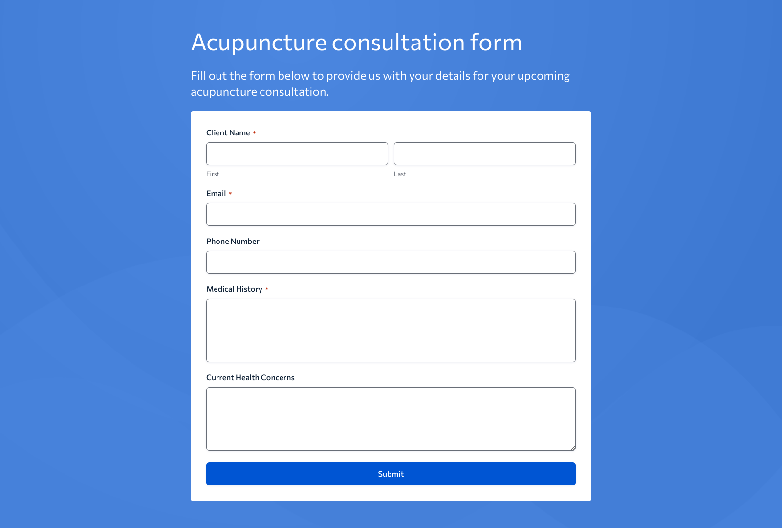 Acupuncture Consultation Form Template with fields for client details and appointment preferences.