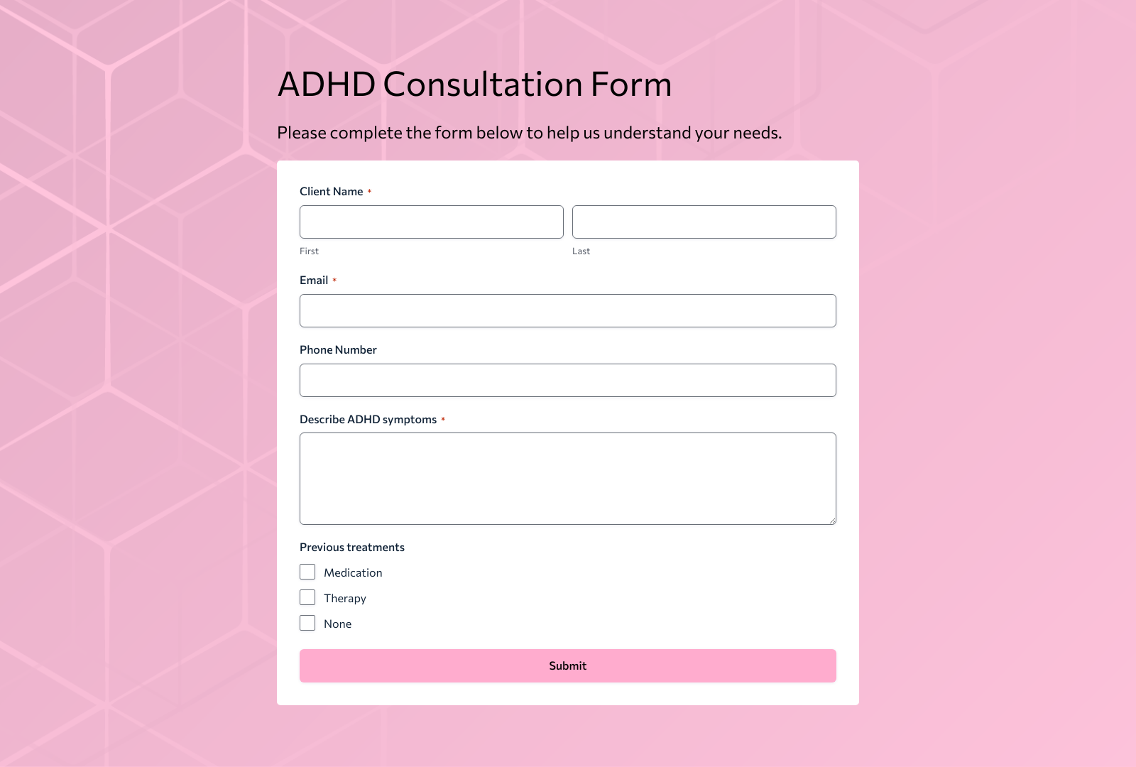 Screenshot of the ADHD Consultation Form Template with fields for client details and consultation specifics.