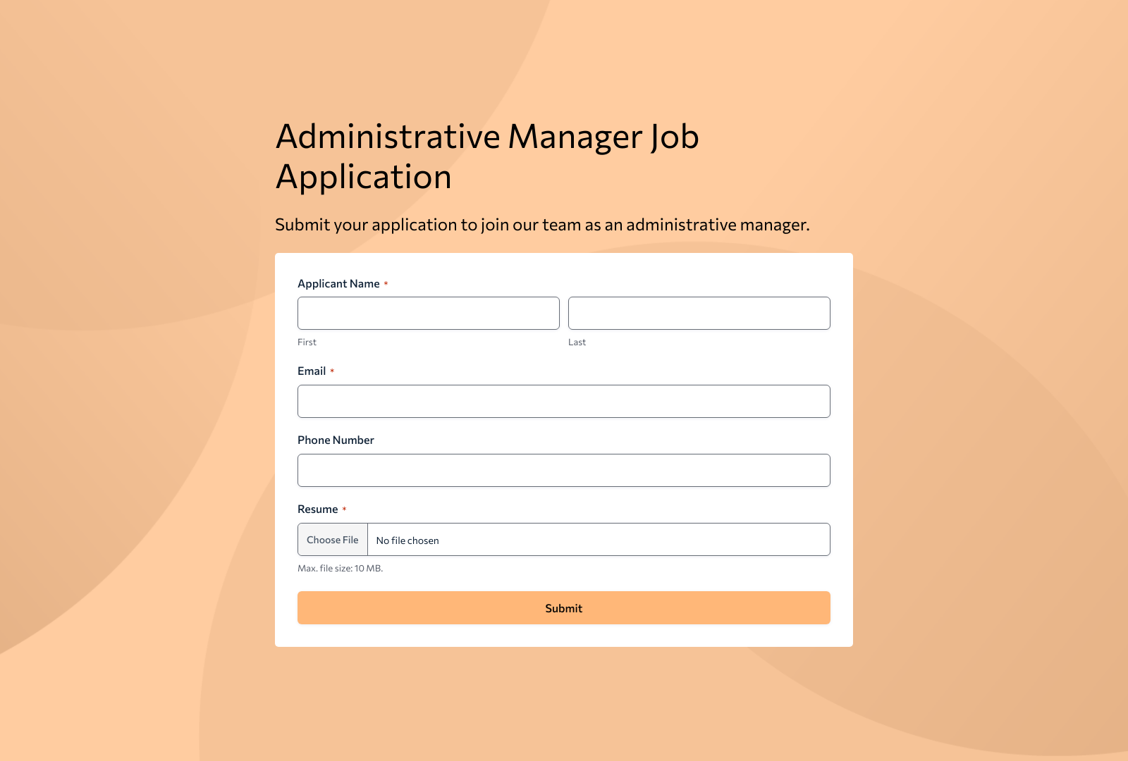 Screenshot of Administrative Manager Job Application Form Template with fields and submit button.