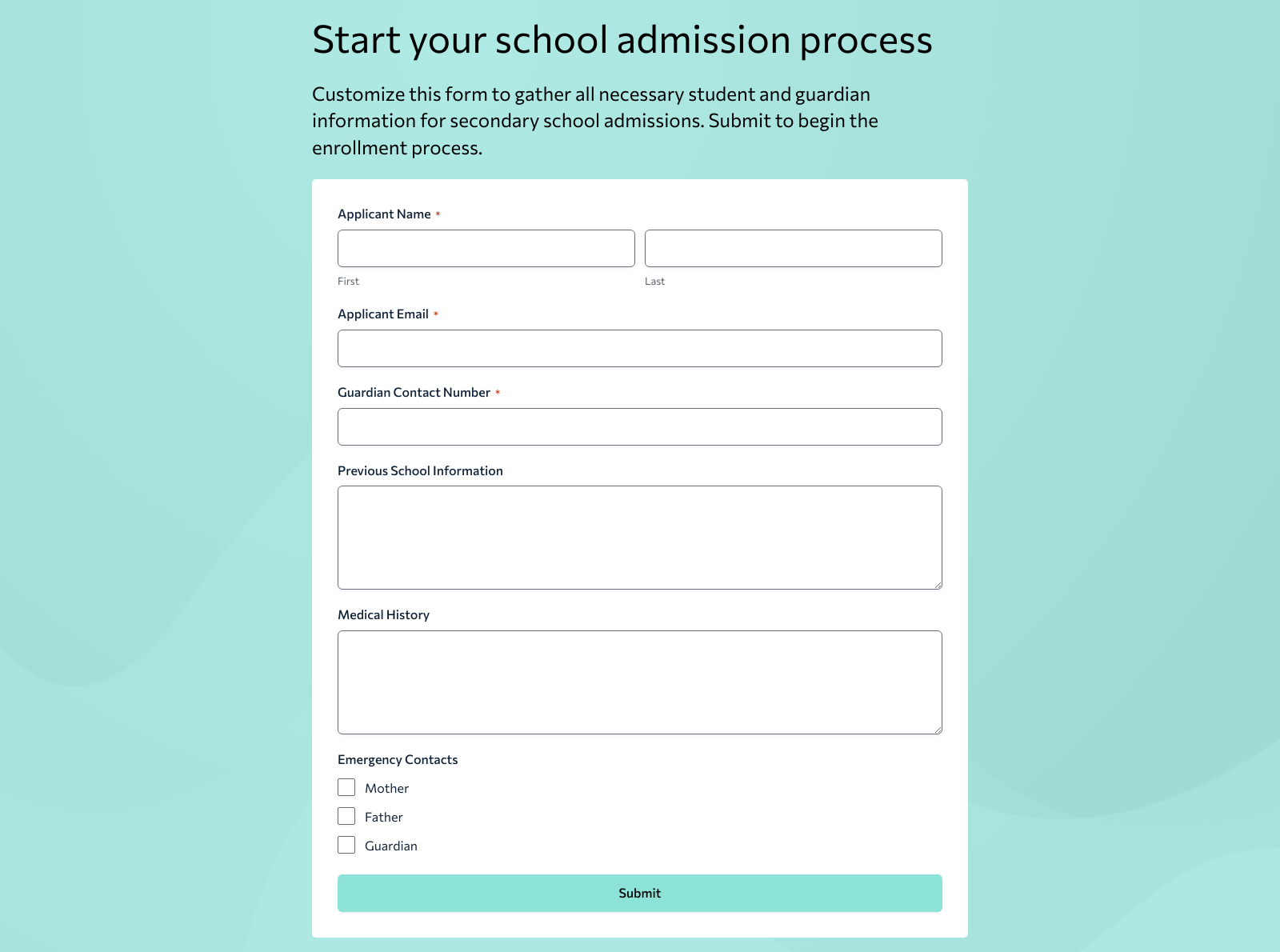 Screenshot of Admission Form For Secondary School template with fields for student and guardian details.