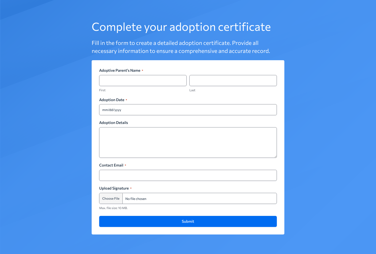 Adoption Certificate Form Template with fields for adopter info and certificate details in a user-friendly layout.