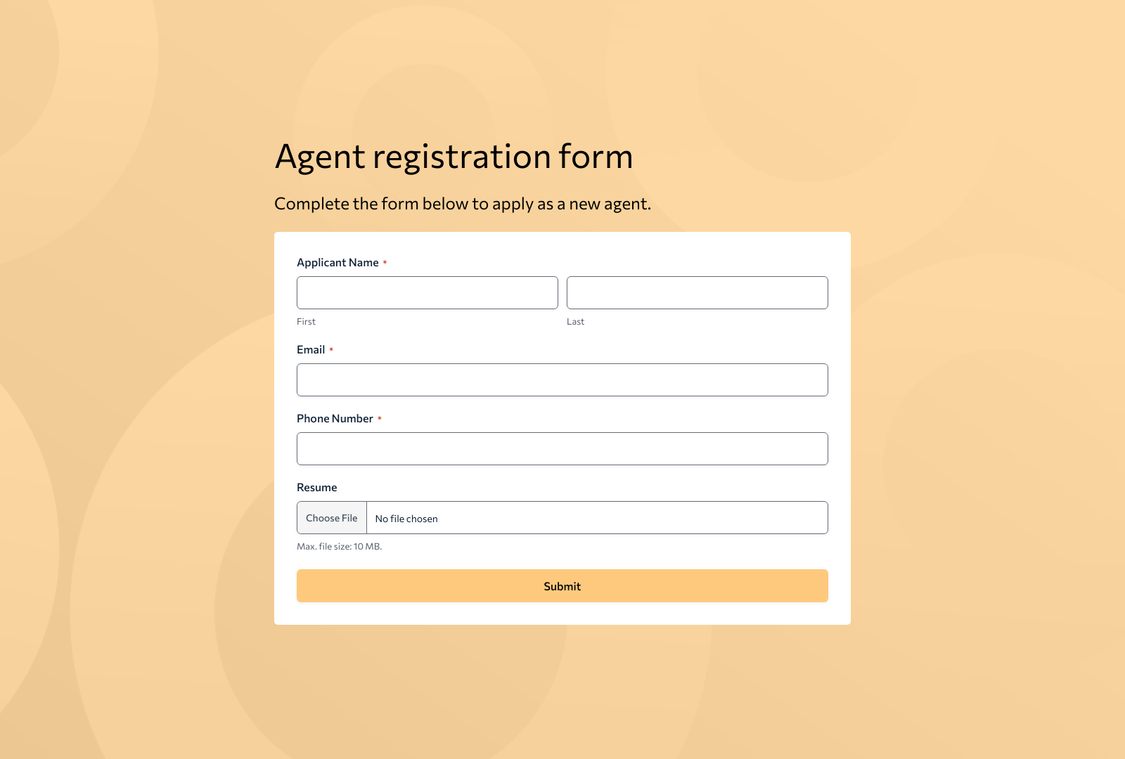 Agent Registration Form Template with fields for agent details and submit button.