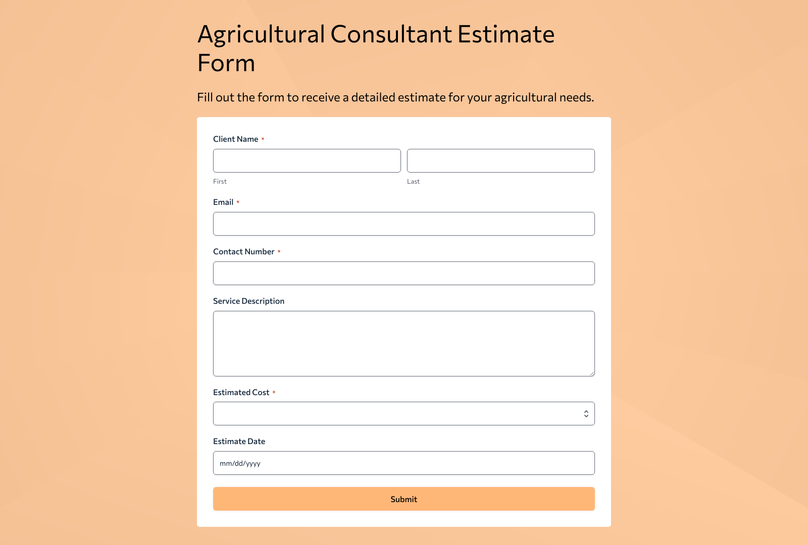 Agricultural Consultant Estimate Form Template with input fields and submit button.
