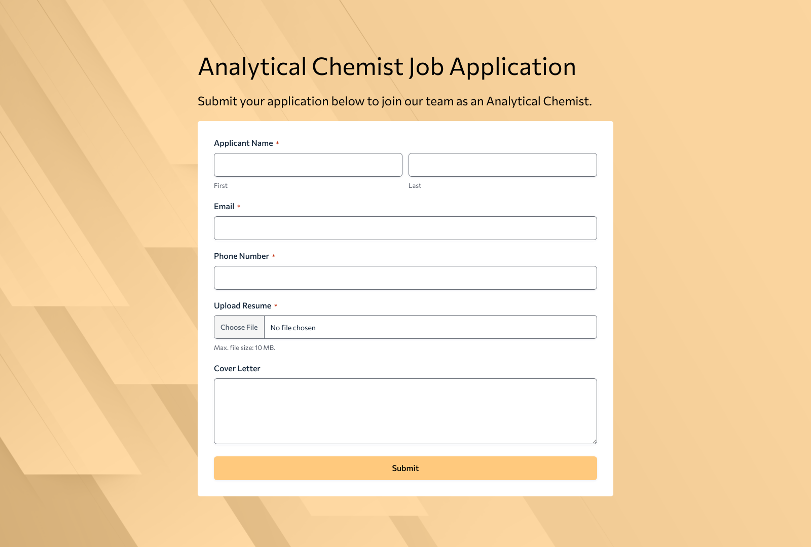 Analytical Chemist Job Application Form Template with fields for personal info, resume upload, and submit button.