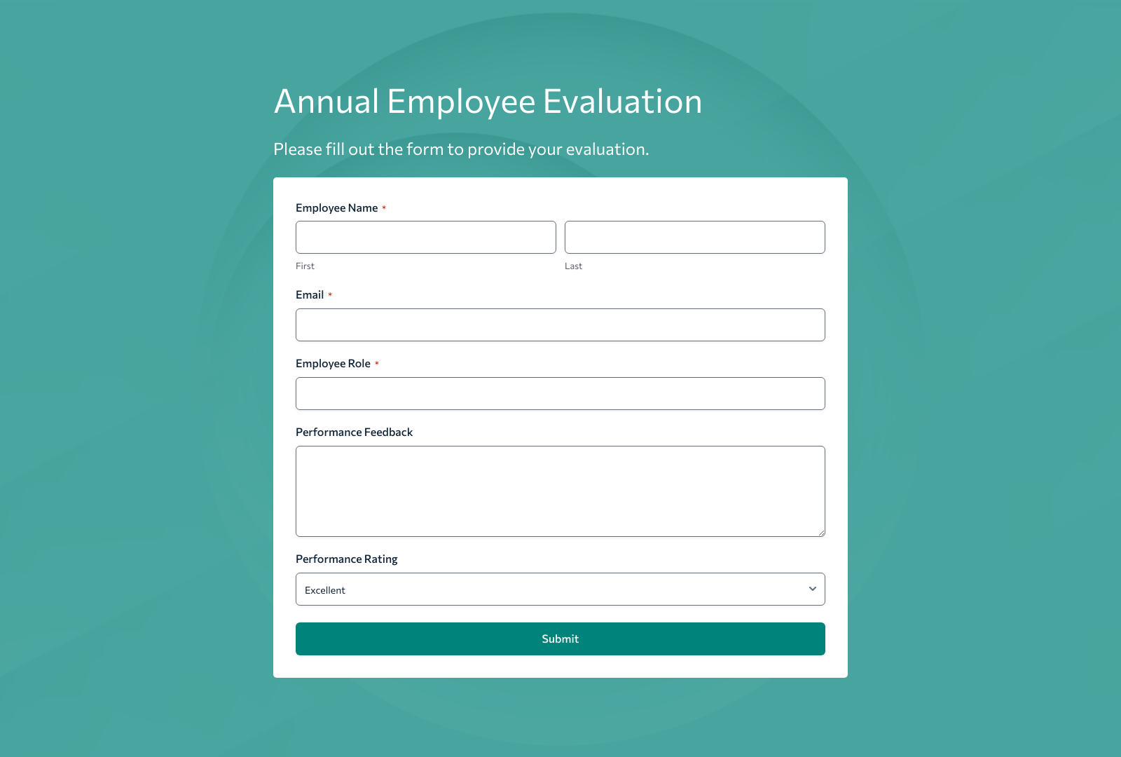 Annual Evaluation Form Template with fields for employee details, performance ratings, and feedback.