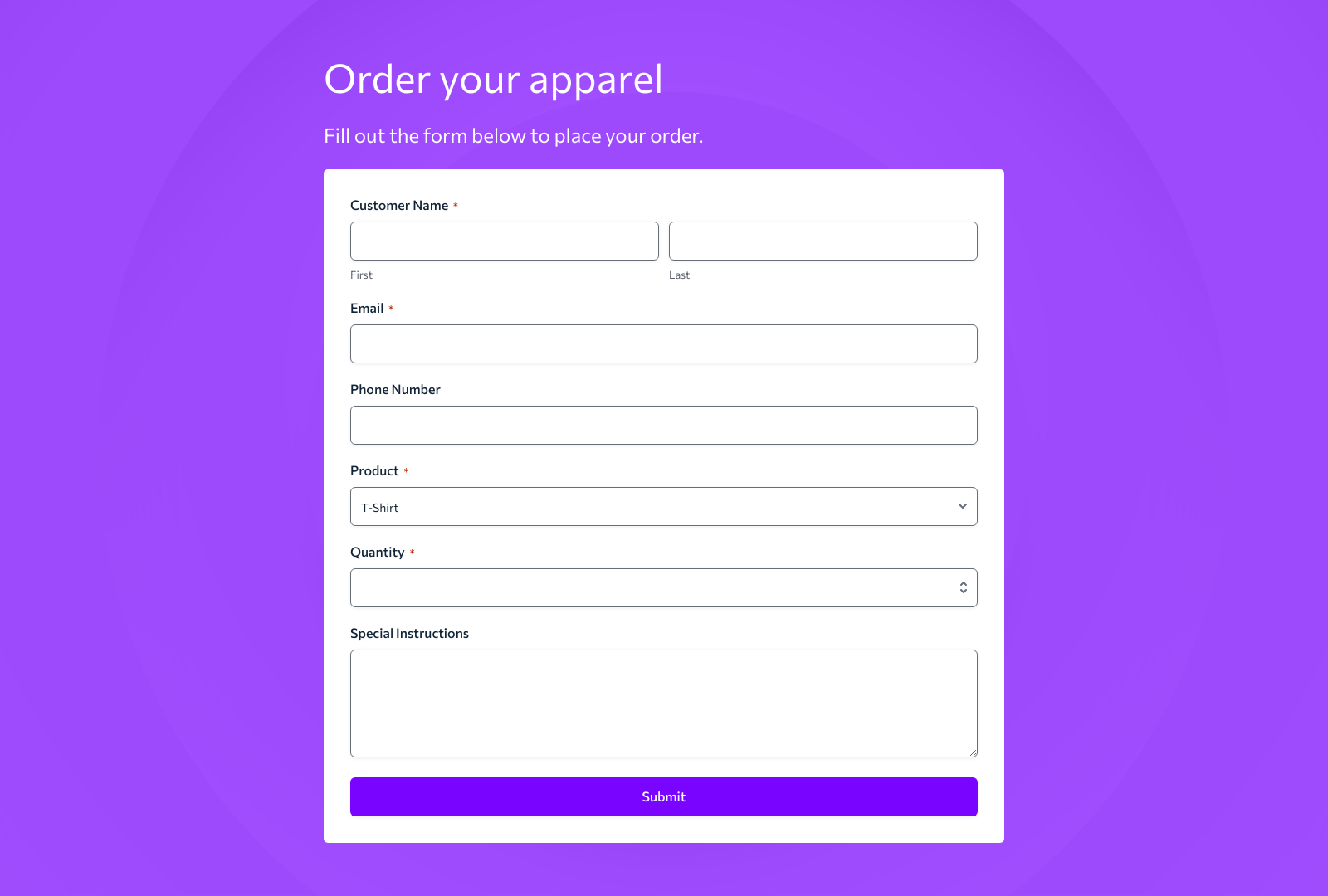 Apparel Order Form Template screenshot showing fields for item selection, size, quantity, and a submit button.