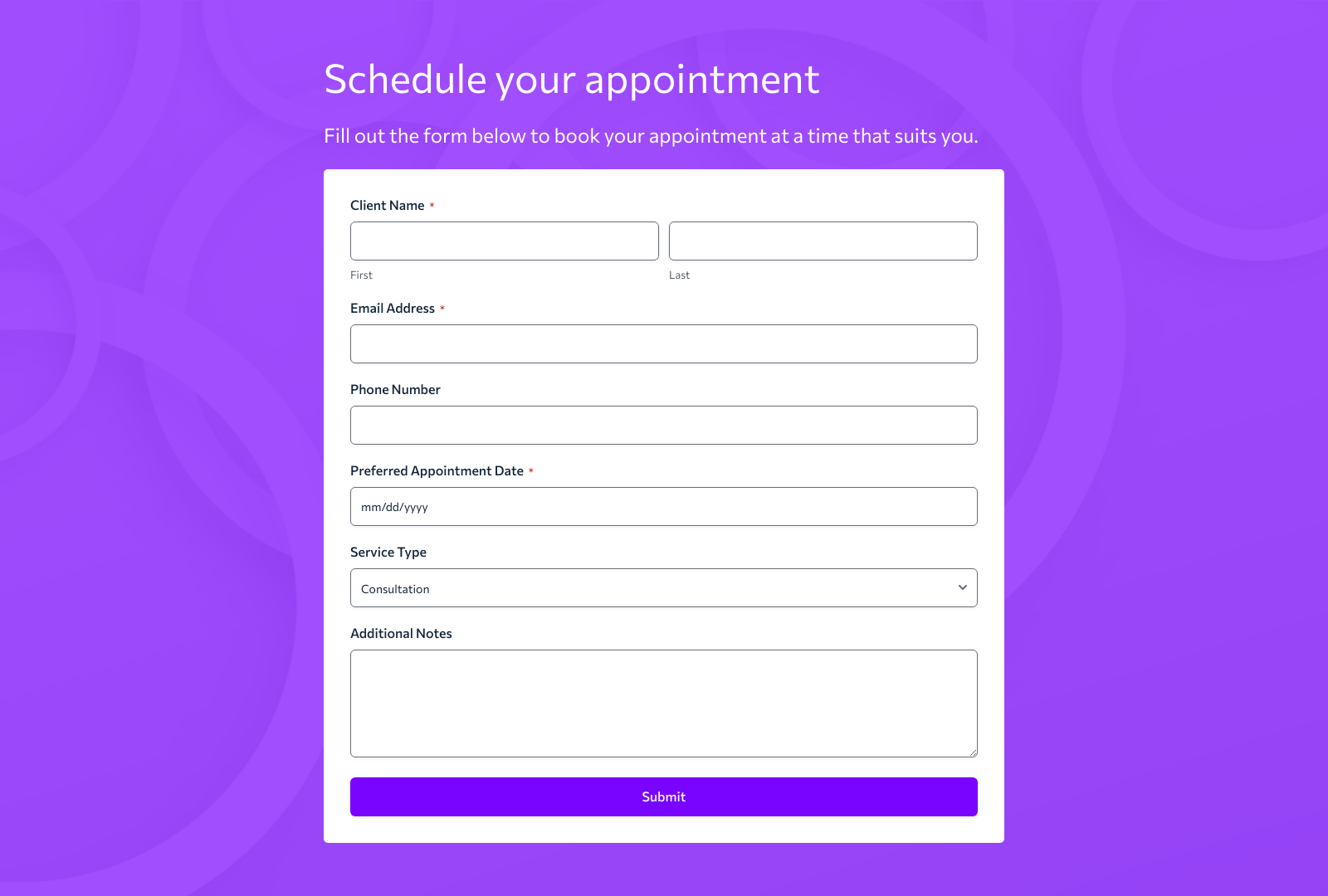Screenshot of Appointment Form Template with customizable fields and buttons for managing client appointments.