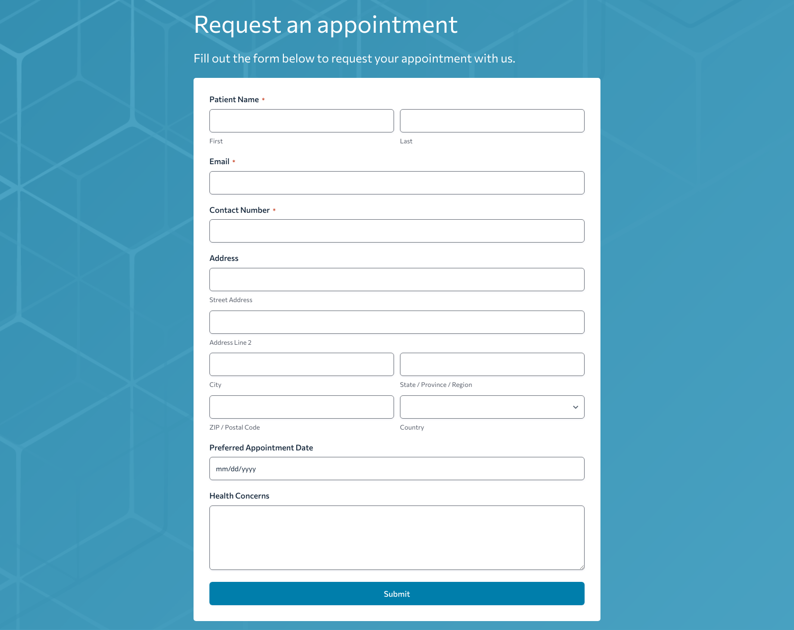 Appointment Request Form Template with fields for patient info and scheduling details.