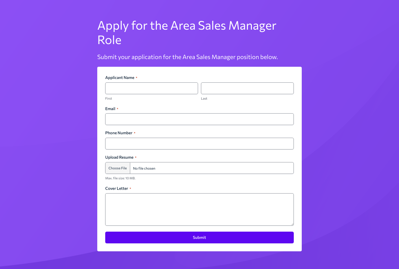 Area Sales Manager Job Application Form Template with fields for personal info, experience, and submit button.
