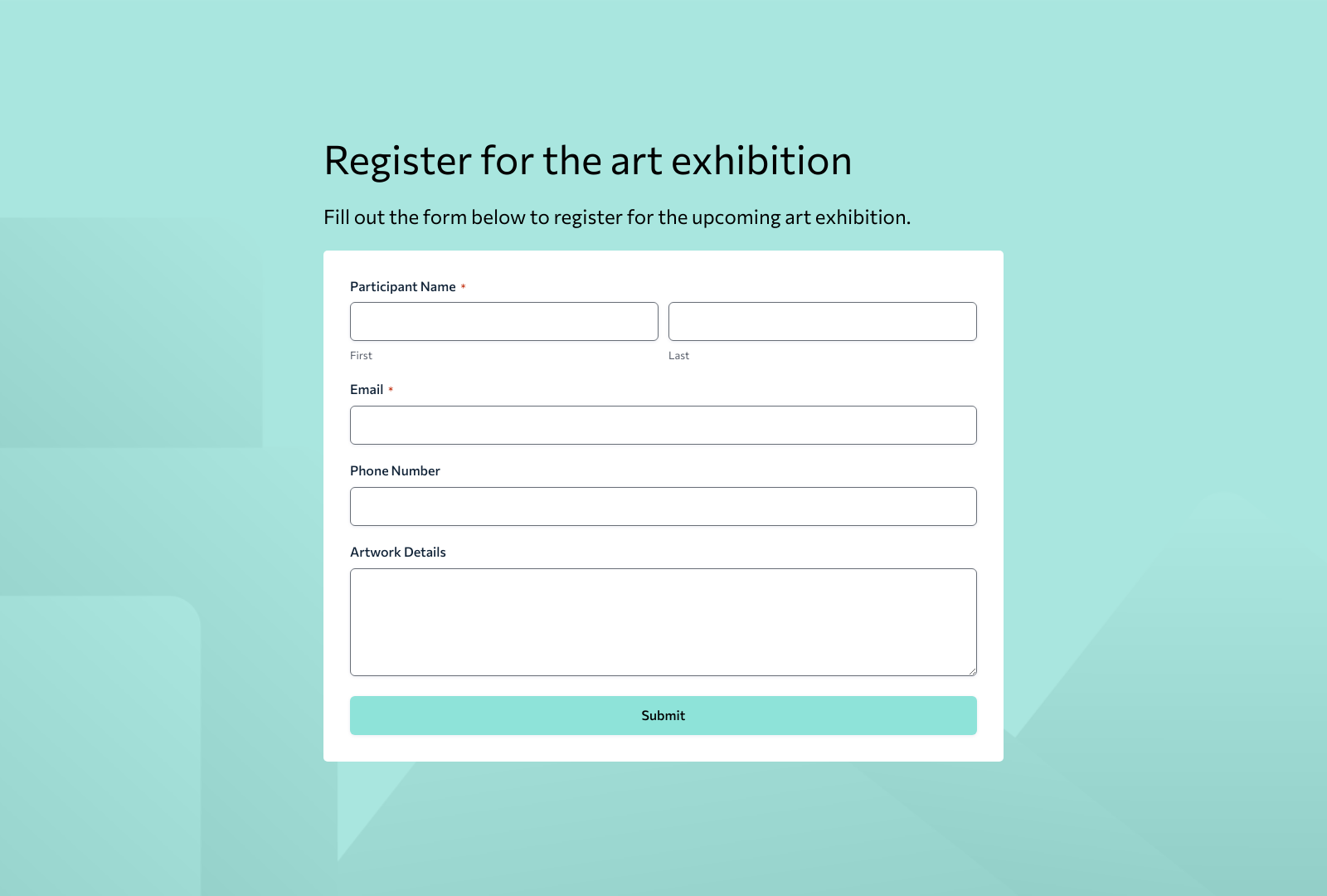Art Exhibition Registration Form Template showing fields for participant details and registration buttons.