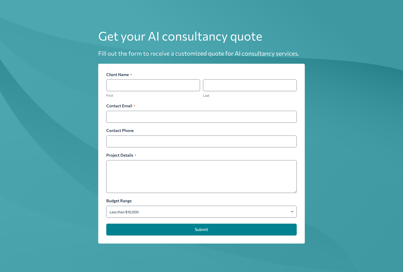 Artificial Intelligence Consultant Quote Form Template with fields for client details and service selection.