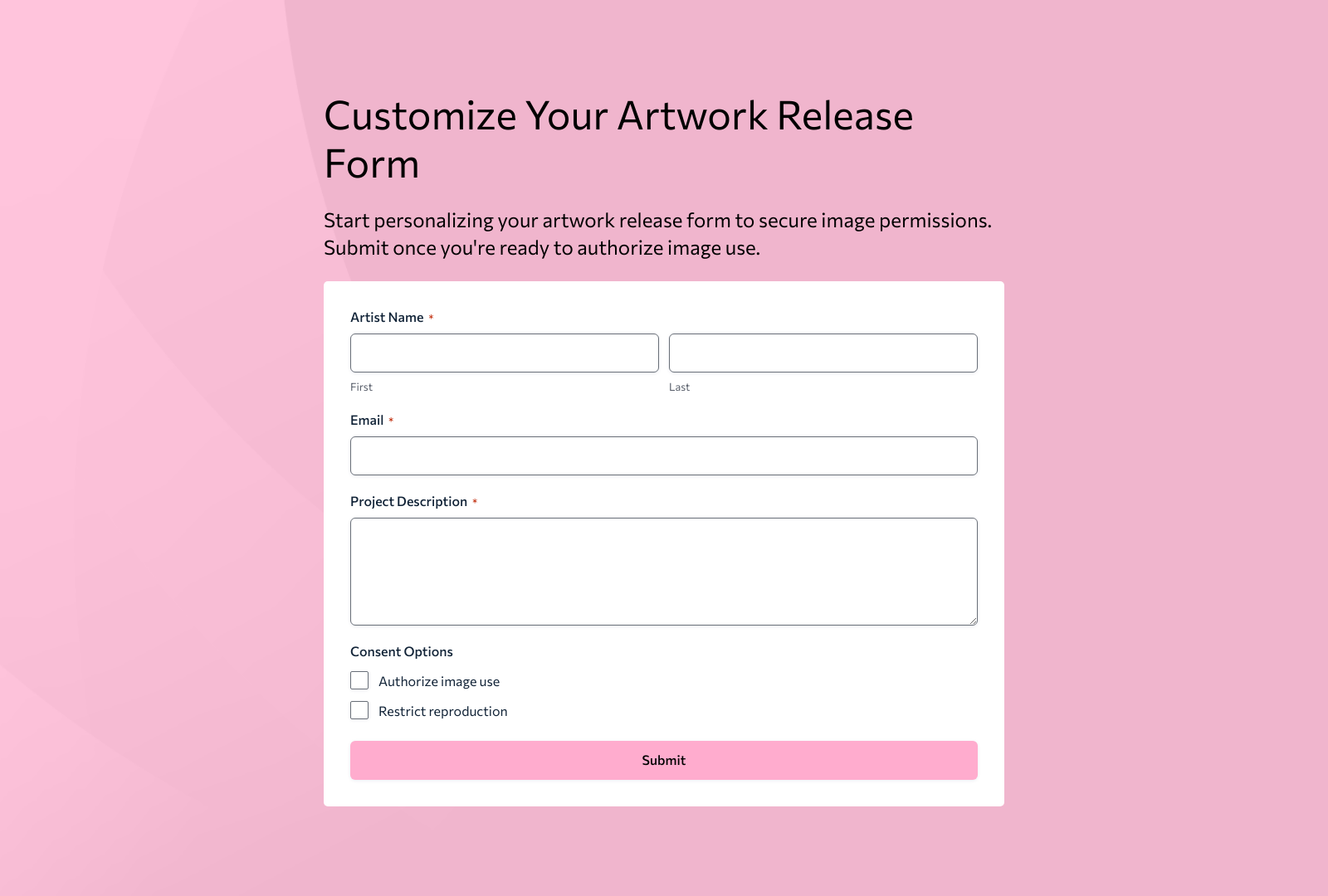 Artwork Release Form Template with fields for artist details and image authorization.