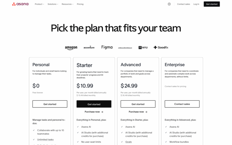 Asana Pricing Landing Page Example