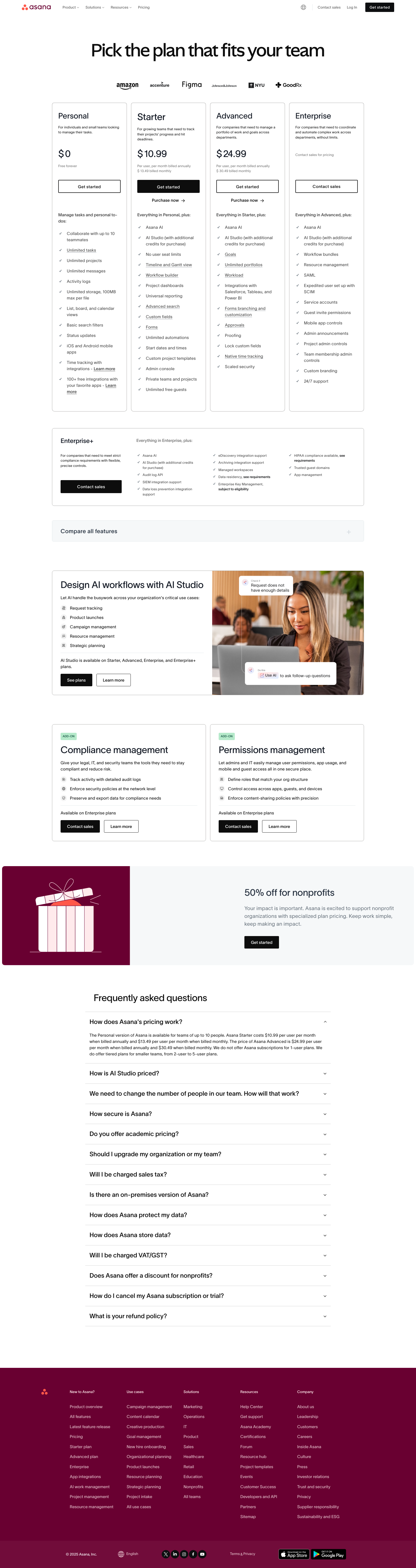 Asana Pricing Landing Page Example