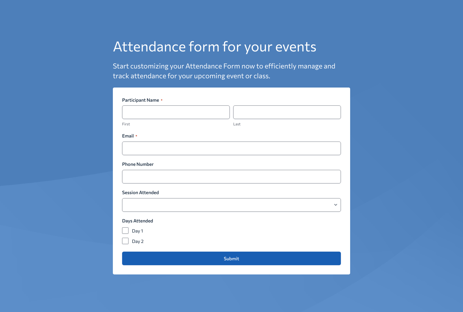 Screenshot of Attendance Form Template with customizable fields and buttons for tracking event attendance.