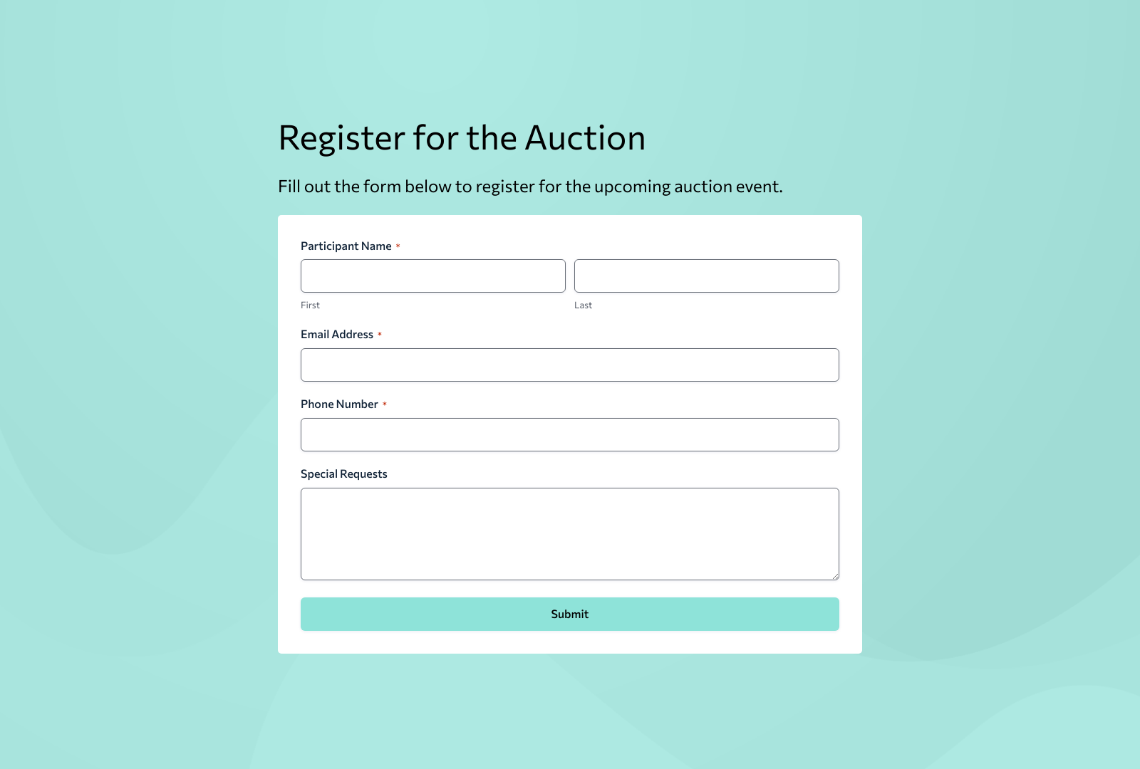 Auction Registration Form Template with fields for participant details and a submit button.