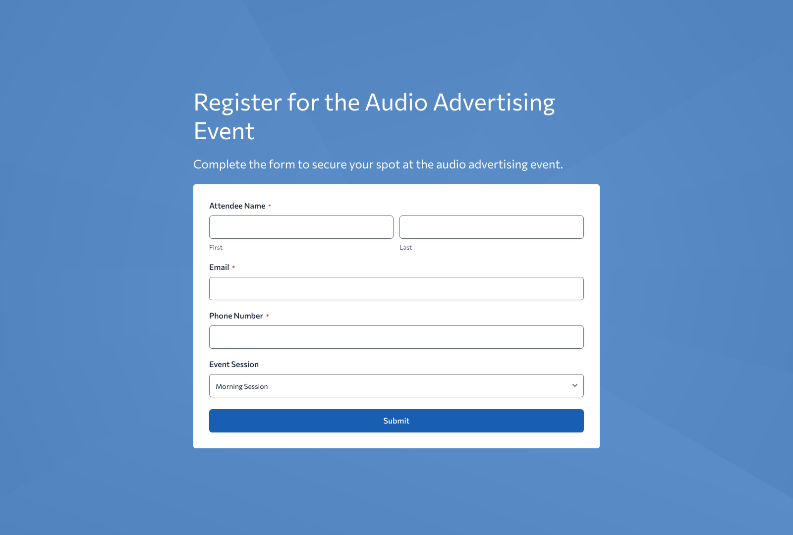 Audio Advertising Event Registration Form Template with fields and submit button.