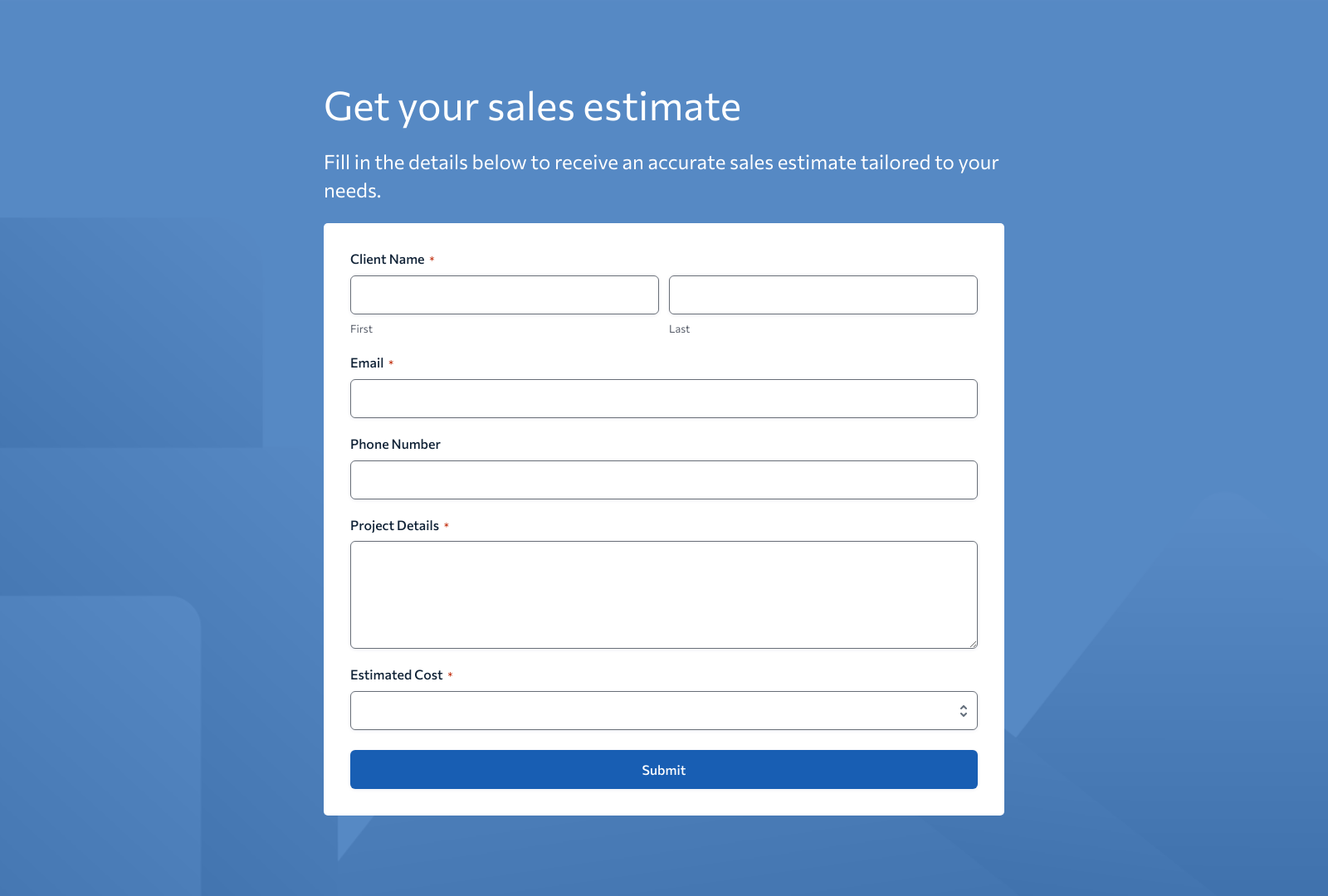 Screenshot of B2B Sales Consultant Estimate Form Template showing input fields and submit button.