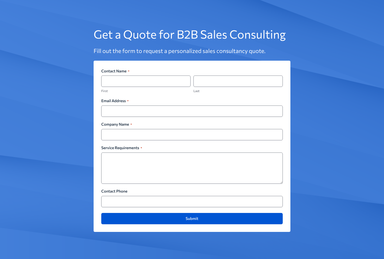 B2B Sales Consultant Quote Form Template with fields for contact info, inquiry details, and submit button.