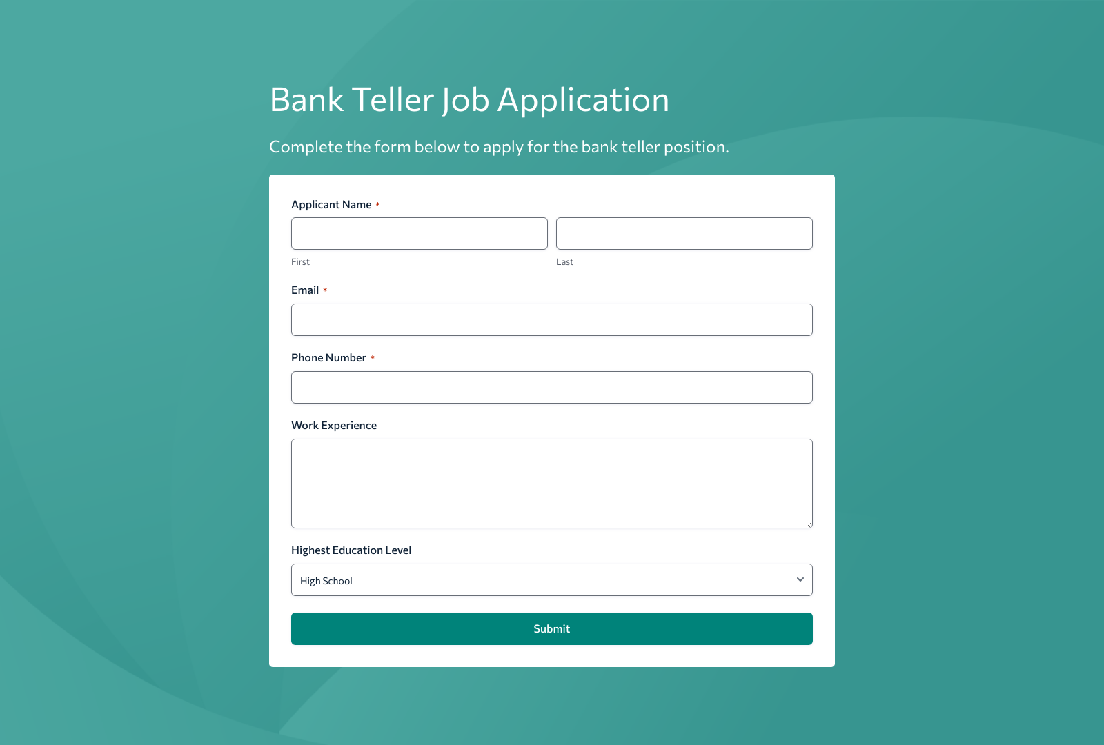 Bank Teller Job Application Form Template with fields and submit button for recruiters.