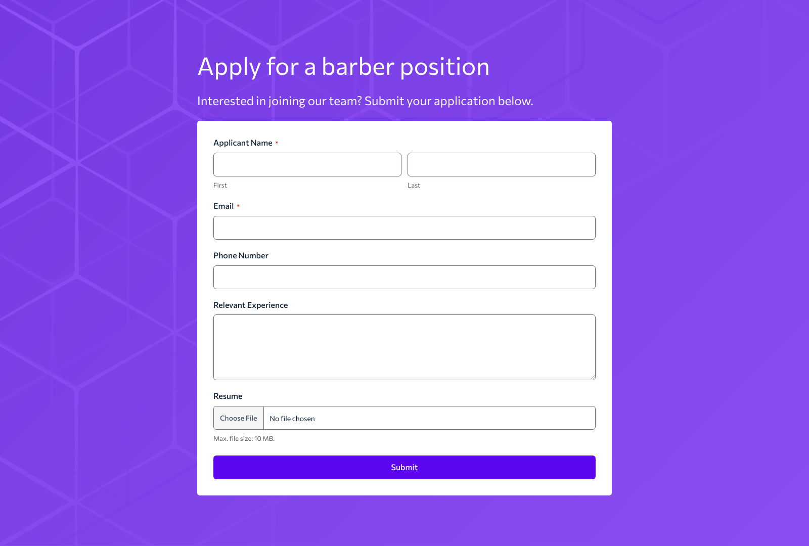 Barber Job Application Form Template showing fields for applicant details, experience, and submit button.