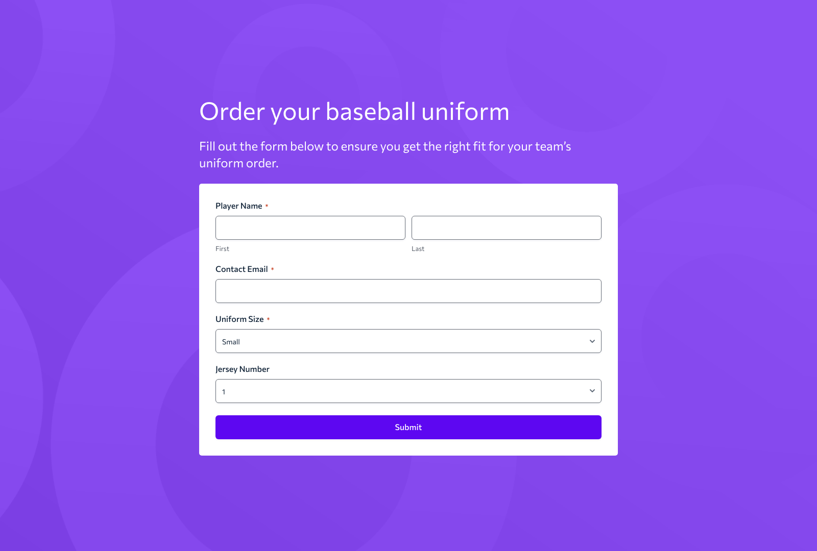 Baseball Uniform Order Form Template with fields for player info and order details.