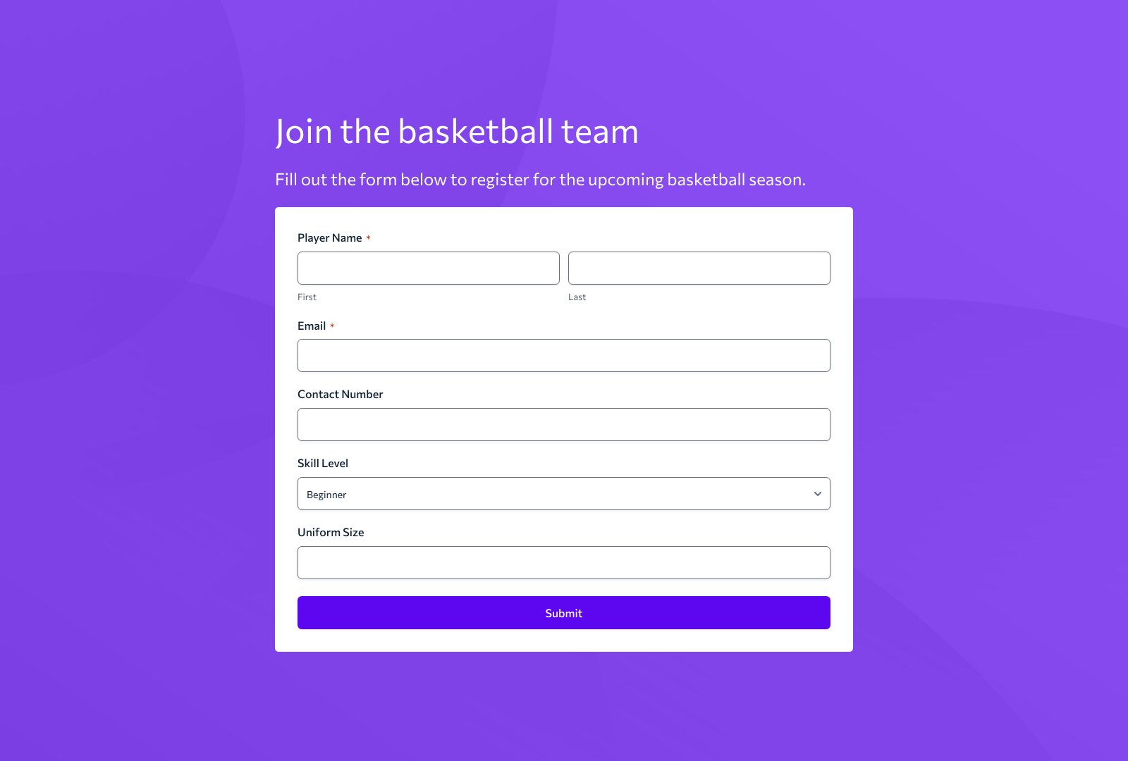 Basketball Registration Form Template showing fields for player details and preferences.
