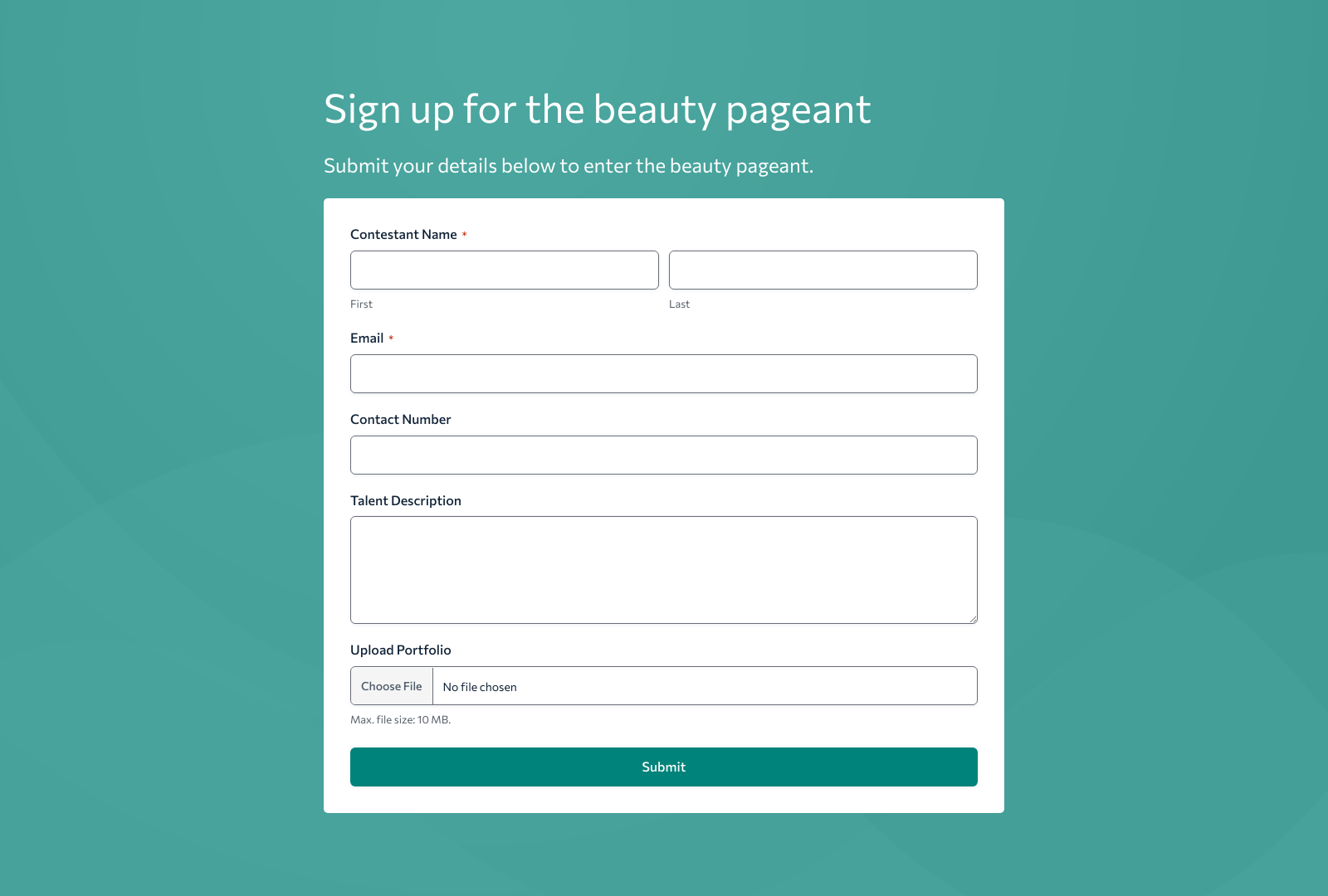 Beauty Pageant Registration Form Template featuring input fields for participant details and submission buttons.