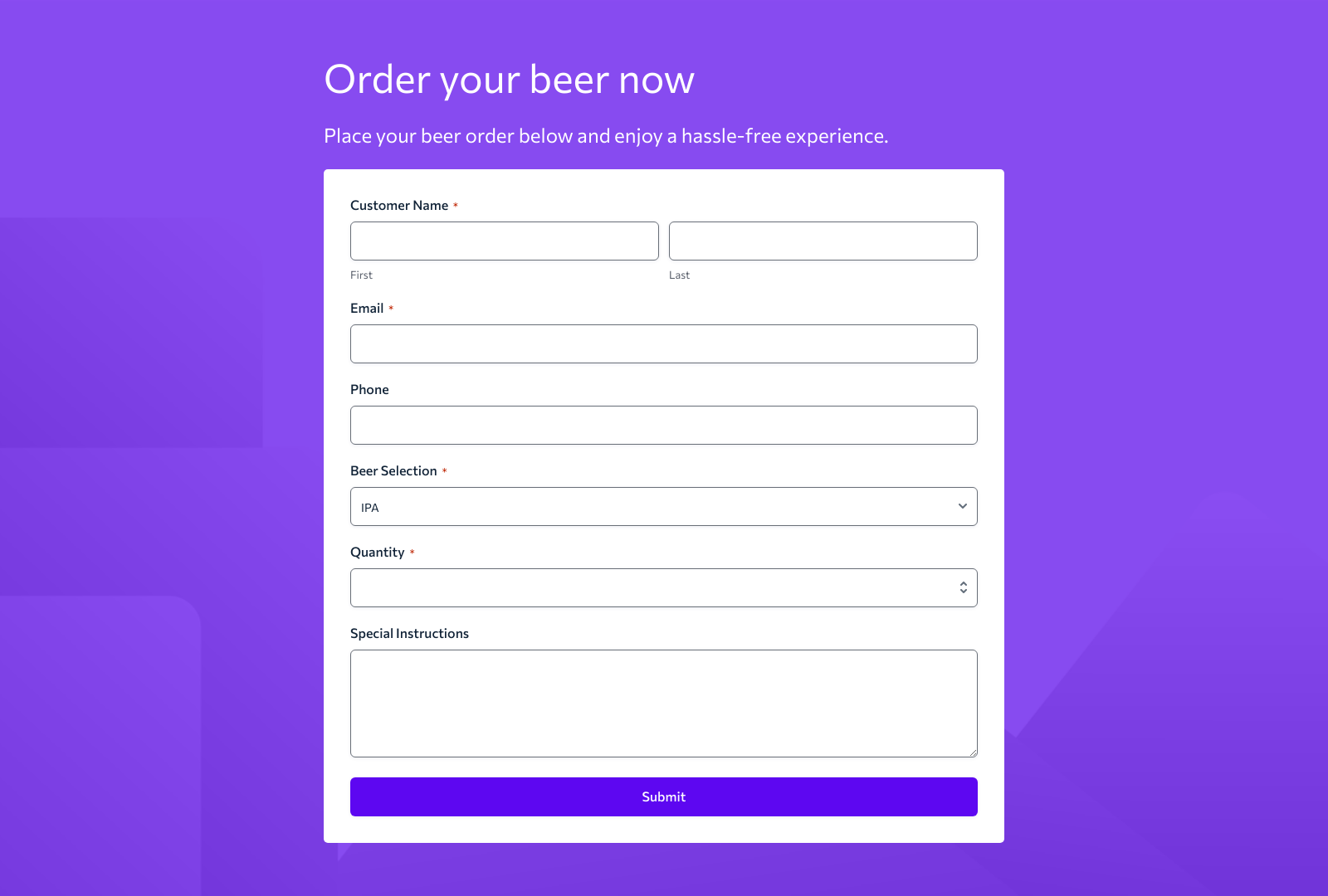Beer Order Form Template showing fields for beer selection, quantity, and payment options.