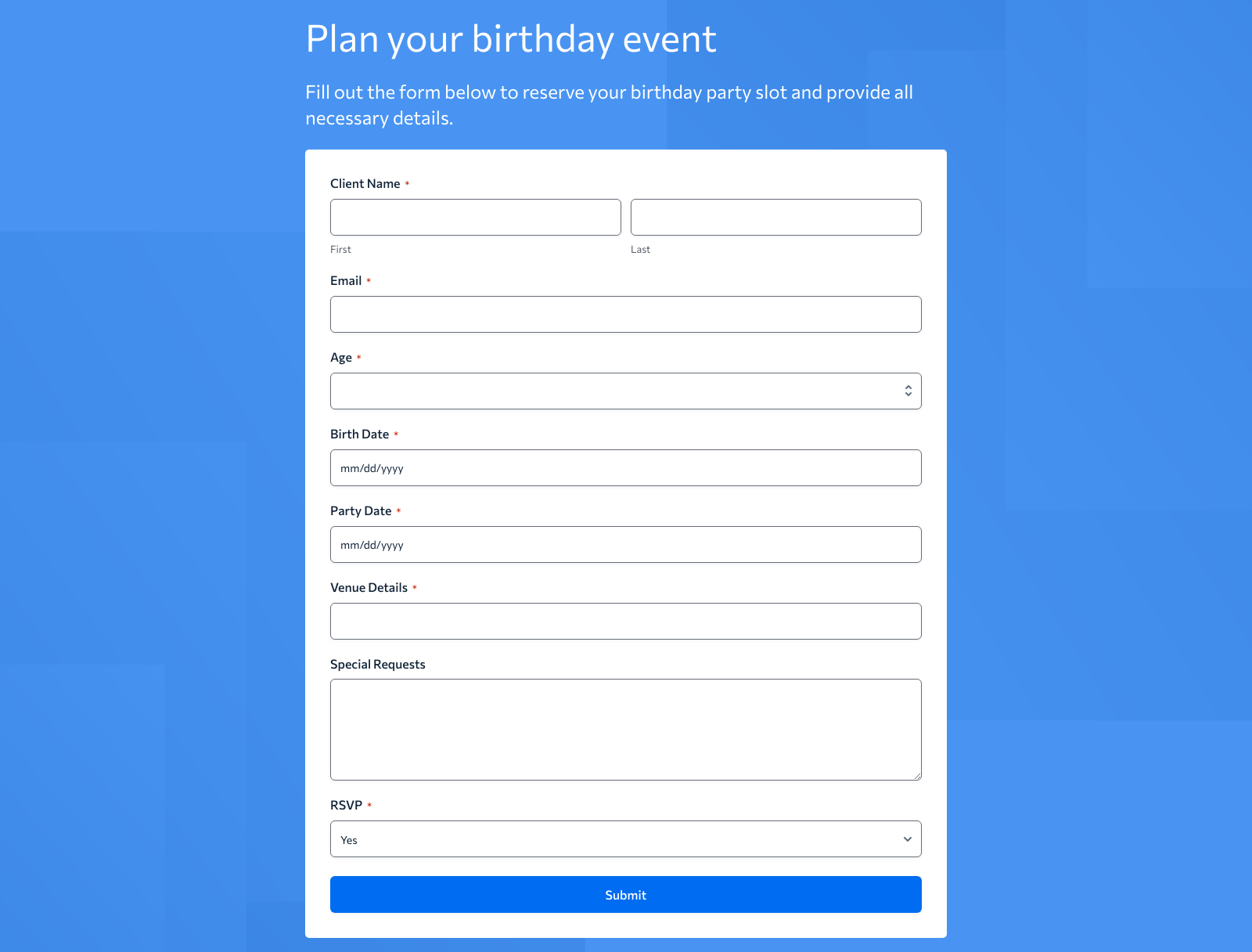 Birthday Party Form Template showing input fields for name, date, and party details with submit button.
