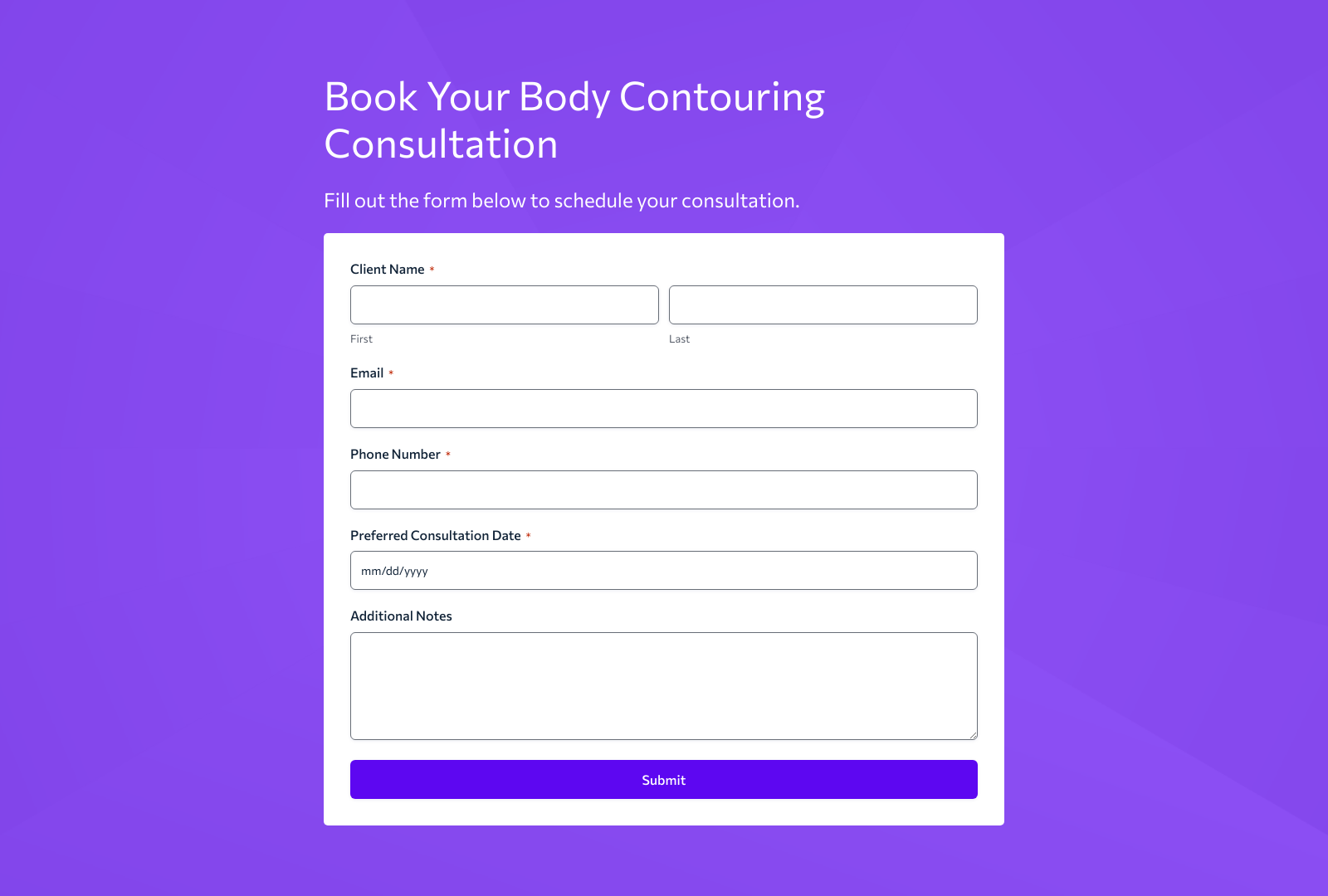 Body Contouring Consultation Form Template with fields for client details and appointment scheduling.
