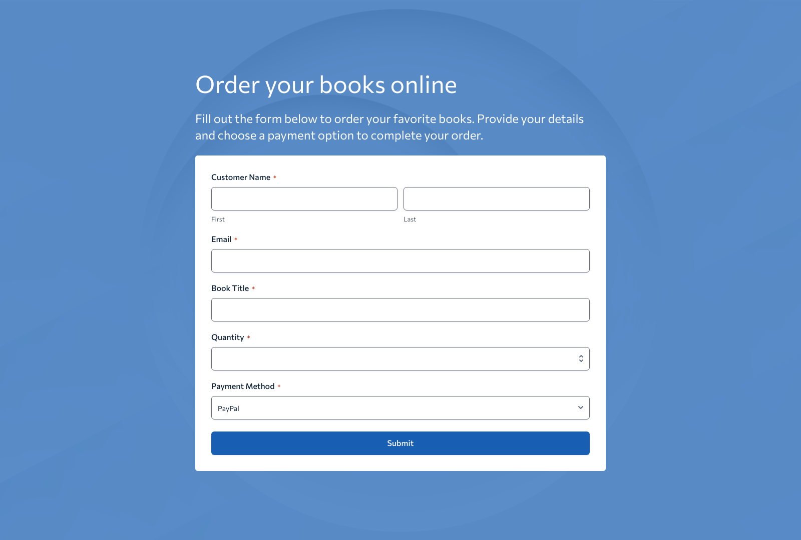 Book Order Form Template showing fields for customer details, book selection, and payment options.