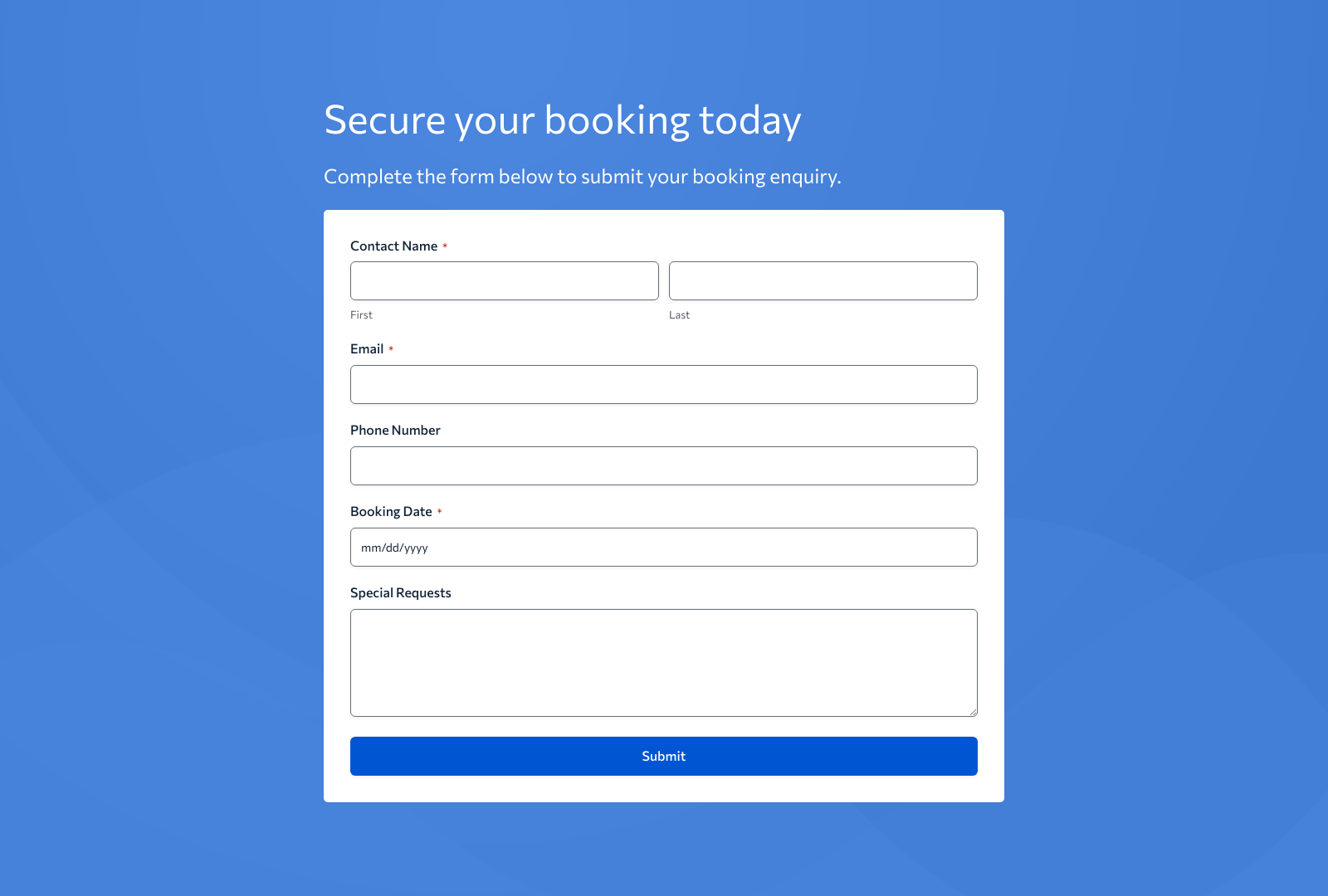 Booking Enquiry Form Template with fields for client details and preferences.