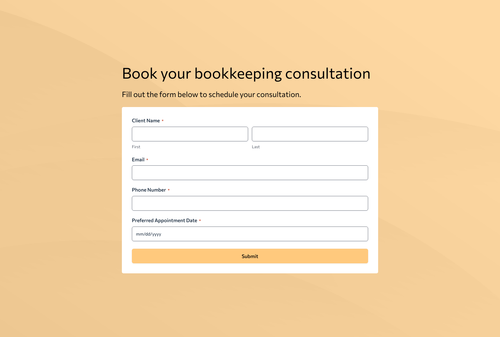 Bookkeeping Consultation Form Template showing input fields, submit button, and layout.