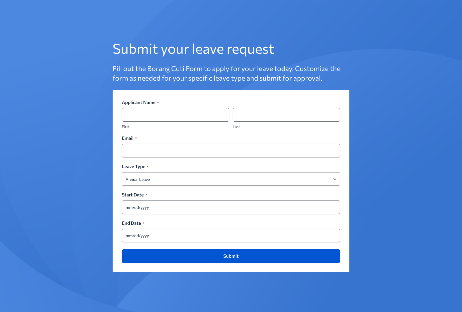 Borang Cuti Form Template showing fields for employee leave request and approval details.