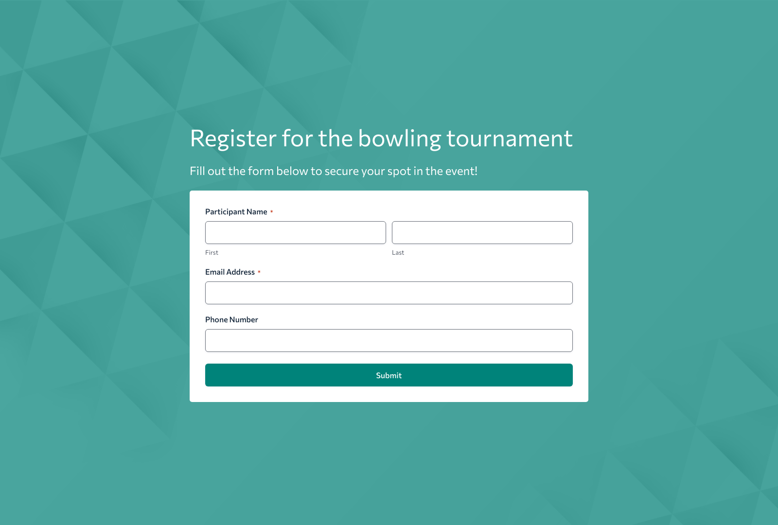 Bowling Registration Form Template with fields for participant details and submit button.