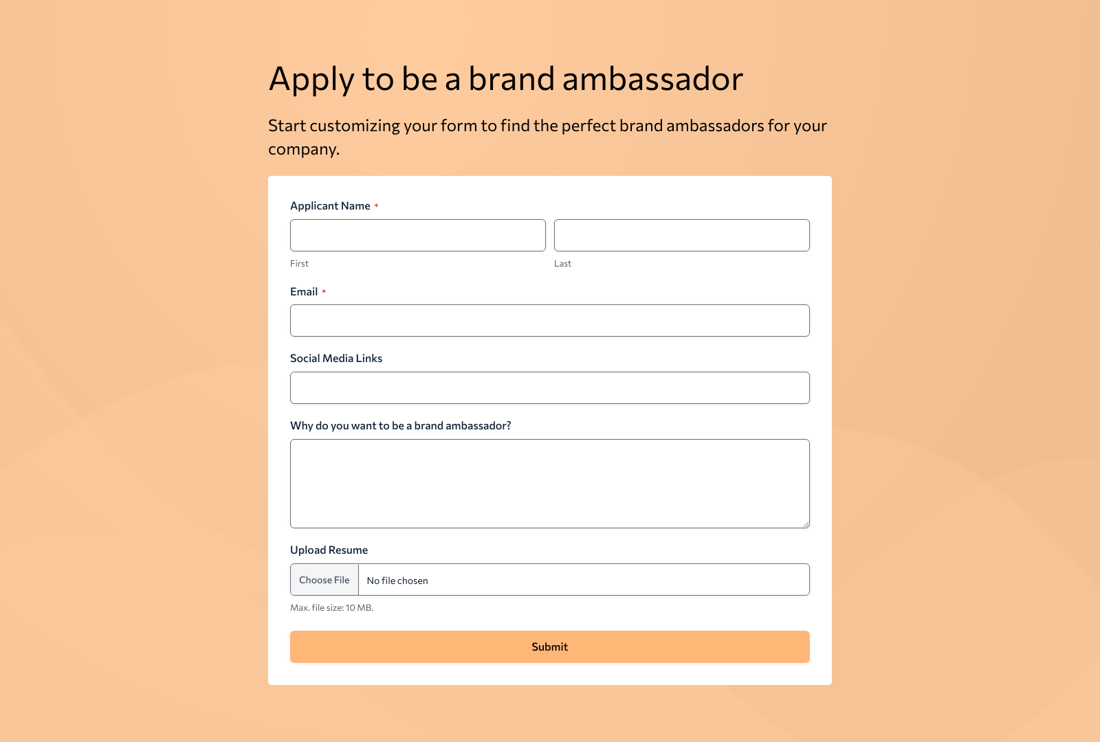 Brand Ambassador Application Form Template with fields for name, email, and social media links.