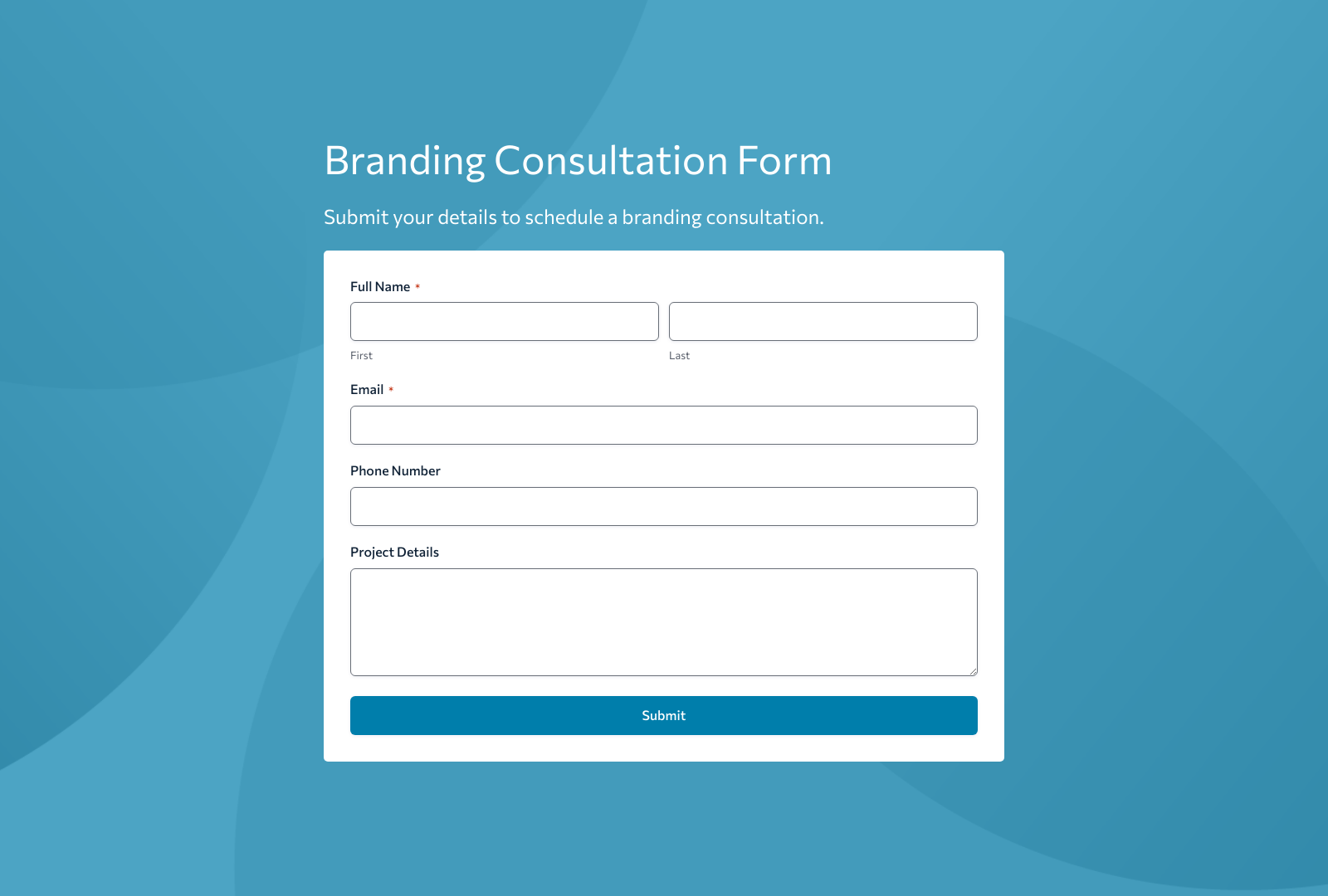 Branding Consultation Form Template with fields for client details and submit button.