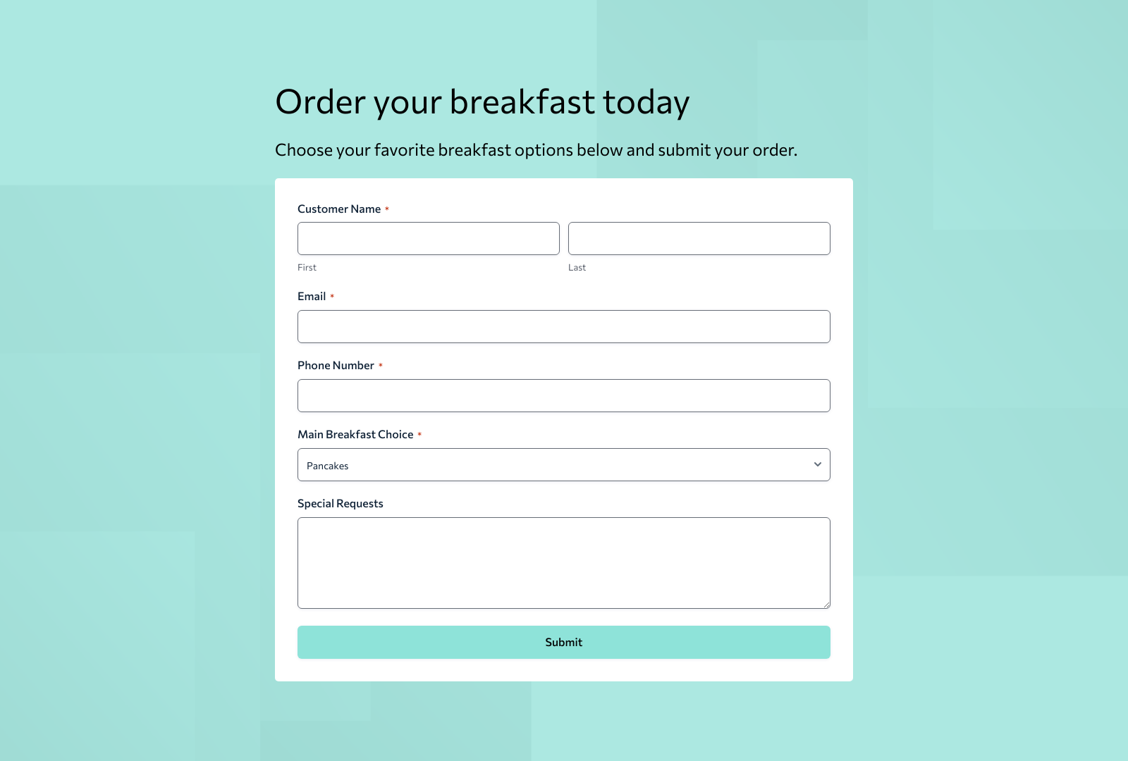 Screenshot of Breakfast Order Form Template with fields for meal selection, contact info, and submit button.